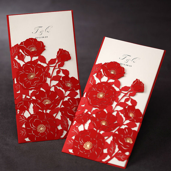 زفاف - 65pcs Red Laser Cut Flower Wedding Invitation Cards,Ship Worldwide 3-5 Days-- Set of 65
