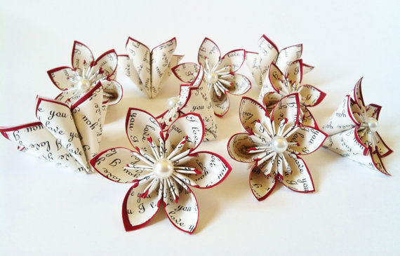 زفاف - I Love You paper flowers- Set of 10, handmade, wedding, favor, origami, bouquet, decoration