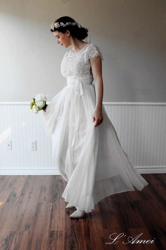 Wedding - Custom made Simple Boho White Lace Wedding Dress great for Beach Wedding