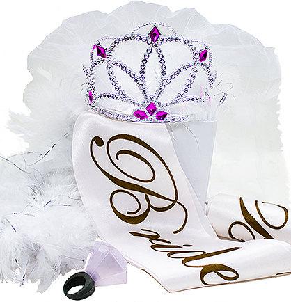 Свадьба - FREE SHIPPING Bride To Be Gift Set - White & Silver, Tiara, Bride Sash, Feather Boa, Shot Glass Ring, Bachelorette Party