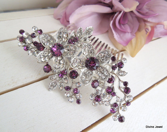 Hochzeit - Bridal Purple Swarovski Crystal Wedding Comb,Wedding Hair Accessories,Vintage Style Purple Leaf Rhinestone Bridal Hair Comb,Purple,RACHEL