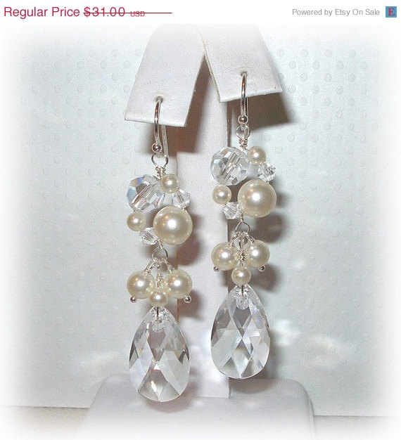 زفاف - ON SALE 15% OFF Swarovski Crystal Pearl Earrings Beaded Long Dangly Bridal Wedding Jewelry Accessories Sterling Silver