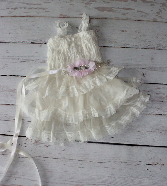 Wedding - Ivory Flower girl Dress-Flower Girl Dress -Lace Ruffle Dress, Toddler Dress, Baby girls clothes- Country Flower Girl Dress- Lace Dress