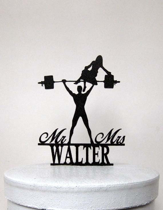 Wedding - Personalized Wedding Cake Topper - Your Man is Strong! Weight lifting Groom silhouette with Mr&Mrs Last name