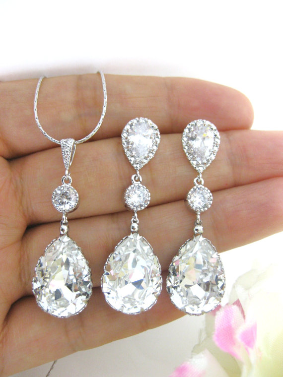 زفاف - Swarovski Crystal Clear White Teardrop Earrings & Necklace Set Wedding Jewelry Bridesmaid Gift Bridal Earrings Bridesmaid Earrings (NE032)