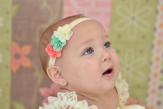 Wedding - Coral, Mint and Ivory Baby Headband, Infant Headband, Toddler Headband,  Coral Headband