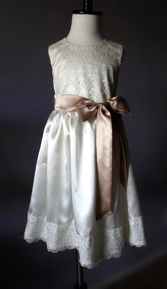 Свадьба - Satin and Lace Flower Girl Dress, Sizes 2T-18, Ivory, Off White, Wedding, Easter, Birthday, Princess
