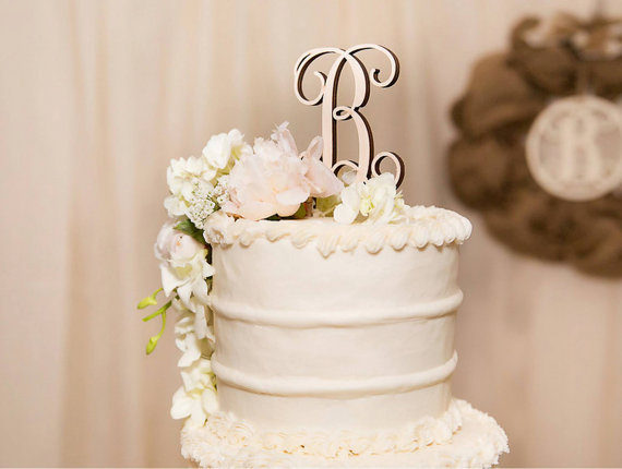Wedding - Wooden Initial Cake Topper - Unpainted Vine Script Initial Cake Topper - Wedding Cake Topper