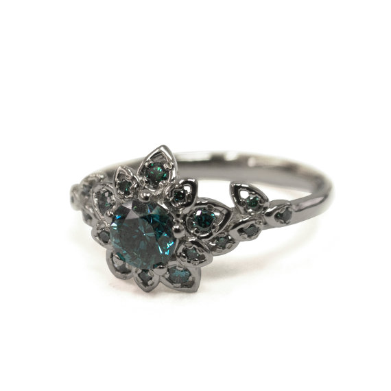 Wedding - Diamond Art Deco Petal Engagement Ring - 18K White Gold and Blue Diamond engagement ring, leaf ring, flower ring, Fancy Diamond, vintage