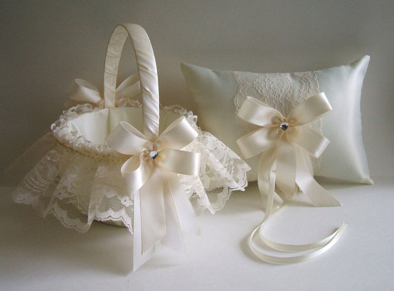 زفاف - 2 PC-Flower Girl Basket & Ring Pillow Handmade Wedding SWEET HEART Choose White or Ivory