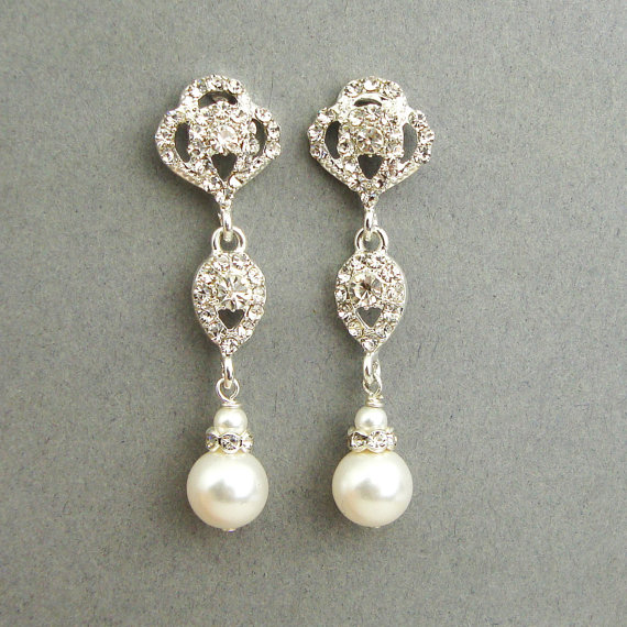 Mariage - Swarovski Crystal and Pearl Bridal Earrings, Vintage Style Rhinestone Pearl Wedding Dangle Earrings, Old Hollywood Jewelry, LARA