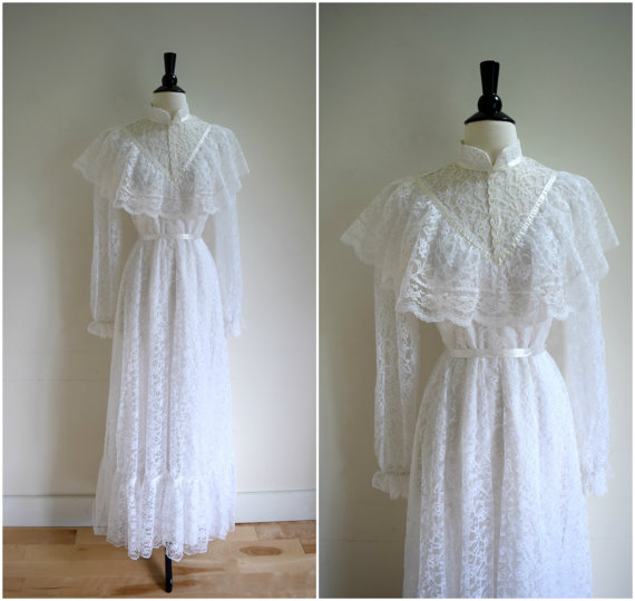 Mariage - Vintage Victorian style white long sleeved wedding gown / retro high neck white lace gown / layered skirt bohemian dress