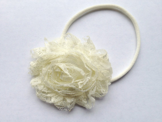 Свадьба - Ivory Lace baby headband Vintage cream girls Shabby Chic Frayed Rose Rosette Headband Fits Babies and Toddlers Girls