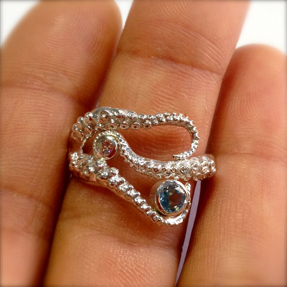 زفاف - SALE - Seductive Tentacle ring 14k white gold with diamond and Aquamarine, Wedding  band, Engagement ring, tentacle jewelry, Octopus jewelry