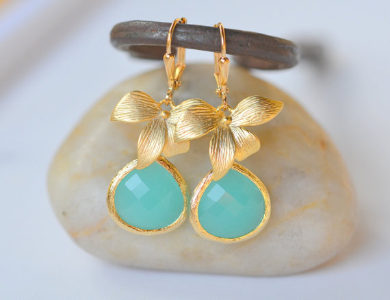 Wedding - Gold Orchid and Turquoise Teardrop Drop Earrings. Turquoise Dangle Earrings. Bridesmaid Earrings. Jewelry Gift for Her.  Christmas Gift.