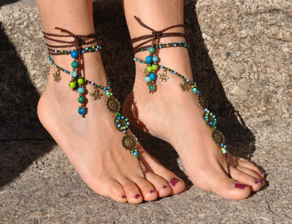 Wedding - SEA MANDALA barefoot SANDALS foot jewelry hippie sandals toe anklet beaded crochet barefoot tribal sandal festival acai seed yoga wedding