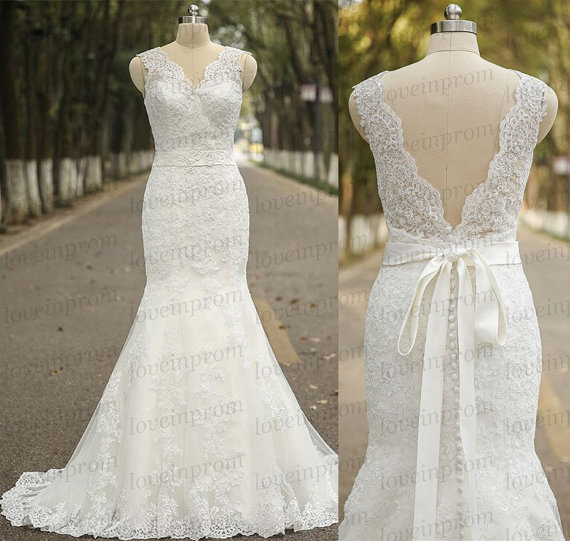 زفاف - Lace wedding dress,cap sleeve appliqued tulle handmade wedding gowns,vintage white/ivory mermaid wedding dress/bridal gown