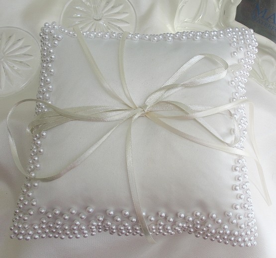 زفاف - Wedding Ring Pillow for Ring bearer in white with white beads