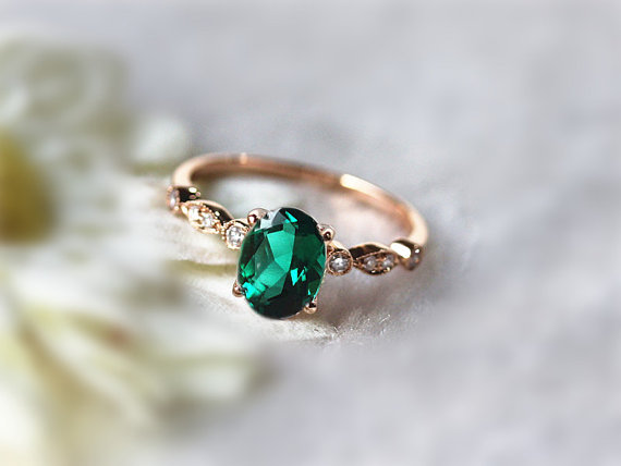 Свадьба - 6x8mm Oval Emerald Ring Engagement Ring Gemstone Wedding Ring Anniversary Ring Diamond Engagement Ring 14k Rose Gold Ring Emerald Jewelry