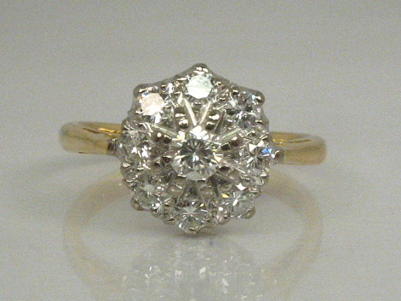 Wedding - Unique Vintage Diamond Cluster Engagement Ring - Cocktail Ring - 0.56 Carats - 18K Yellow Gold