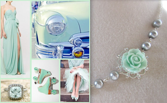 زفاف - Gray Mint flower necklace / Bridal necklace / pearls jewelry / Bridesmaids Gift / Vintage style jewelry / Gray Mint Wedding Jewelry.