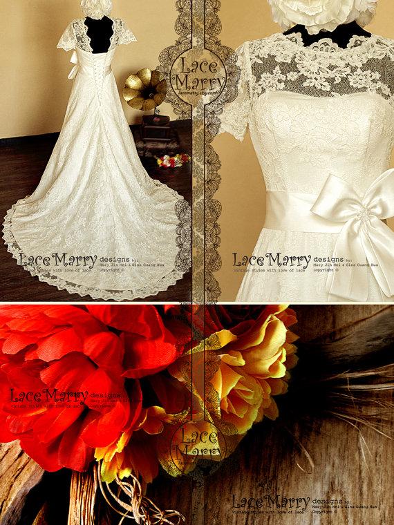 Mariage - Wonderful A-Line Style Full Lace Wedding Dress Features High Illusion Neckline with Scalloped Edges and Small Lace Sleeves and Satin Bow