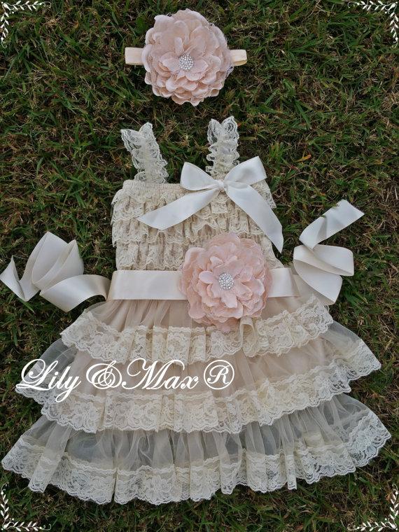 Mariage - Posh Lace Dress Set,Baby Lace Dress,Posh Baptism dress sash girl posh dress,Country Flower Girl dress, Lace Rustic flower  dress
