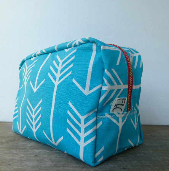 Wedding - Large Turquoise Arrows Toiletry Bag, Bridesmaid Gift, Dopp Kit, Turquoise Arrows Travel Case, Turquoise Canvas Cosmetic Bag, Holiday Gift