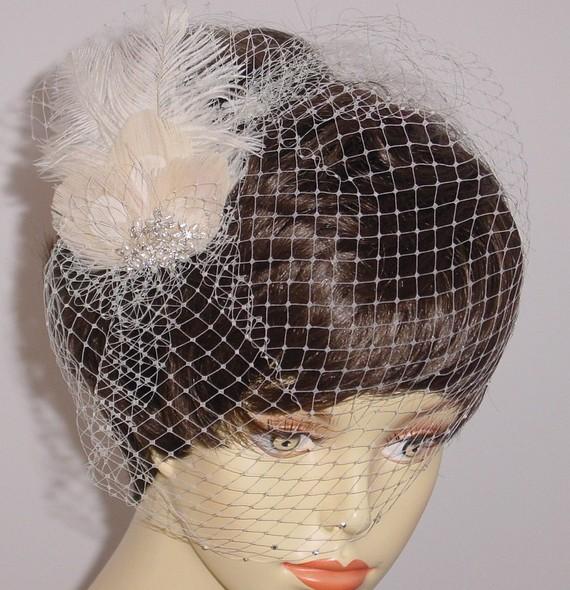 Wedding - Ivory Birdcage Veil with Ivory and Vanilla Cream Feather Fascinator -Made to Order - Ships in 2-3 Weeks