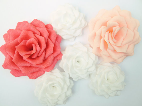 Wedding - 6 Giant Paper Flowers/Giant Paper Roses/Wedding Decoration/Arch Flowers/ Table Flower Decoration/ Coral Peach White Roses