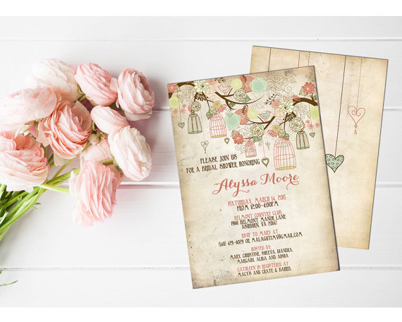 Hochzeit - Rustic Bridal Shower invitation- CORAL Bird Cages (Digital File Only)