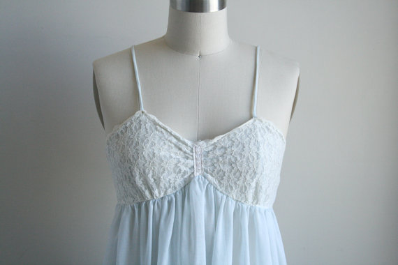 Wedding - 60s Maxi Nightgown - Lace and Pastel Blue - Vintage Lingerie