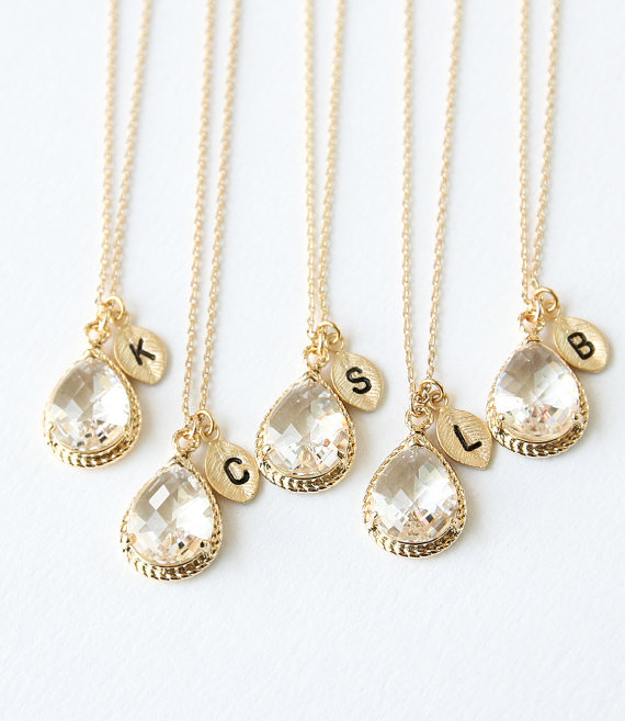 زفاف - Bridesmaid Gifts - Set of 7,8,9, Clear Stone Necklace, Initial Necklace, Maid of Honor Gift, Personalized Necklace, Wedding Jewelry Set