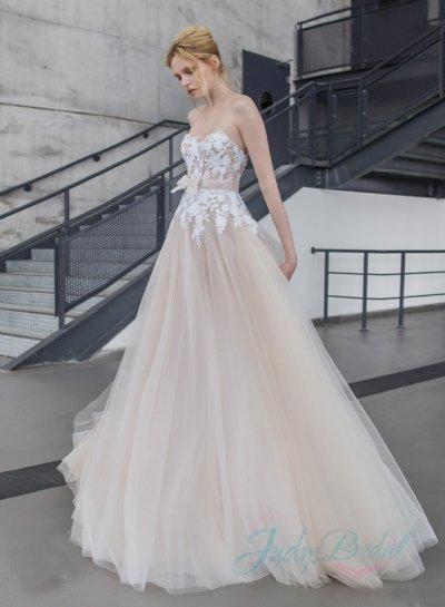 Mariage - JOL275 sweetheart neck white lace bodice nude tulle wedding dress