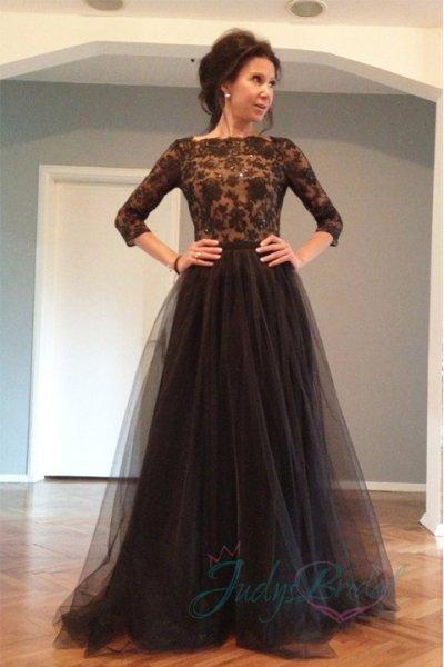 زفاف - Sexy open v back half sleeves black tulle prom dress