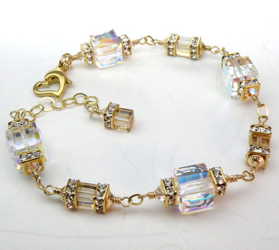 Hochzeit - Custom Wedding Bracelet, Crystal Swarovski Cube, Rhinestones, Gold Filled, Bridal Bracelet, Modern Bride Jewelry, Handmade Wedding