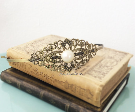 زفاف - Wedding Headband Bridal Hairband White Pearl Victorian Headpiece Ivory Cream Vintage Style Antique Brass The Great Gatsby Romantic JW H1