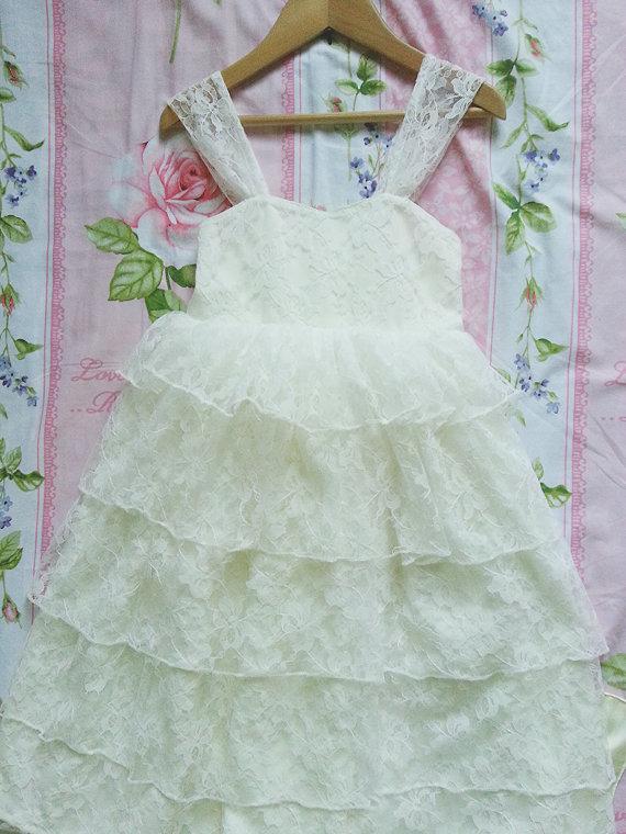 زفاف - Ivory flower girl dress, Lace flower girl dress, Rustic flower girl dress, Girl birthday dress, White flower girl dress.