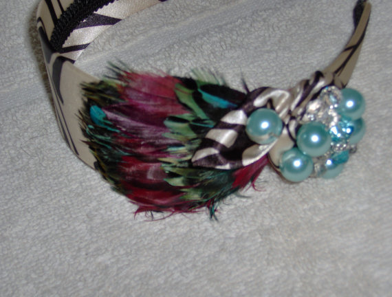 زفاف - Handcrafted Brown and Beige Print Headband with handmade Bow,Feather and Turquoise Beads