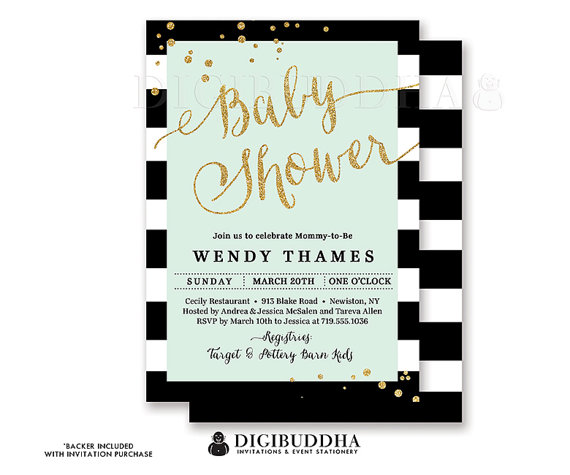 Свадьба - BLACK & WHITE STRIPE Baby Shower Invitation Mint Green Modern Gold Glitter Whimsical Gender Neutral Free Shipping or DiY Printable - Wendy