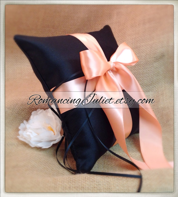 زفاف - Romantic Satin Ring Bearer Pillow...You Choose the Colors...Buy One Get One Half Off...shown in black/coral peach