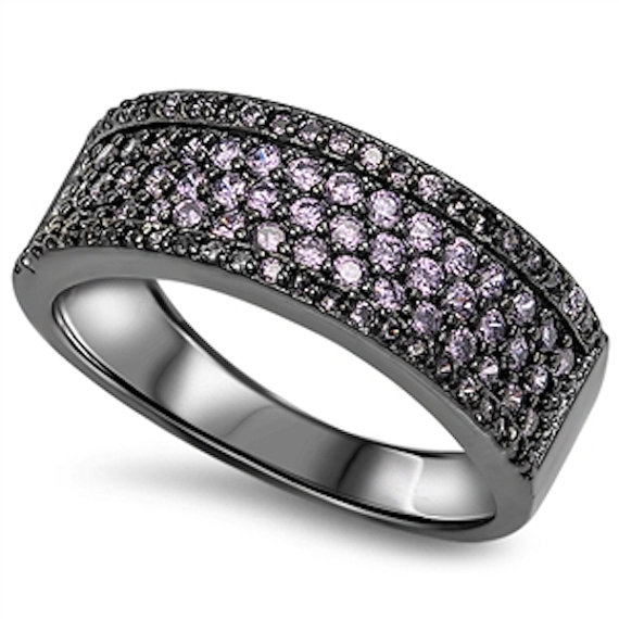 Hochzeit - Black Gold over 925 Sterling Silver 1.00 Carat Round Pave Amethyst Three Channel Row Half Eternity Wedding Engagement Anniversary Band Ring