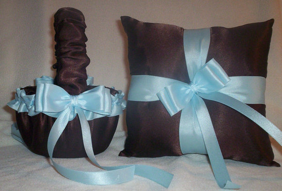 Mariage - Chocolate Brown Satin With Light Blue / Baby Blue Ribbon Trim Flower Girl Basket And Ring Bearer Pillow 2