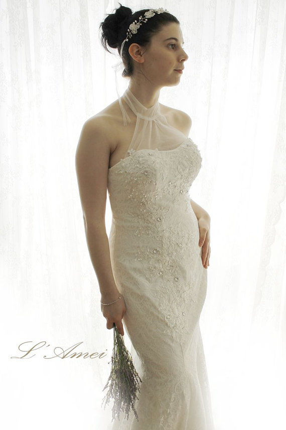 Свадьба - Custom High collar mermaid wedding lace wedding dress with flower lace Necklace- AM 19892011