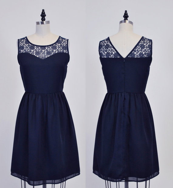 زفاف - LORRAINE (Navy) : Navy chiffon dress, lace sweetheart neckline, vintage inspired, party, day, bridesmaid