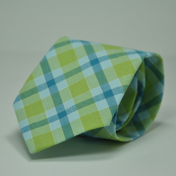 زفاف - Blue and Green Plaid Boy's Necktie