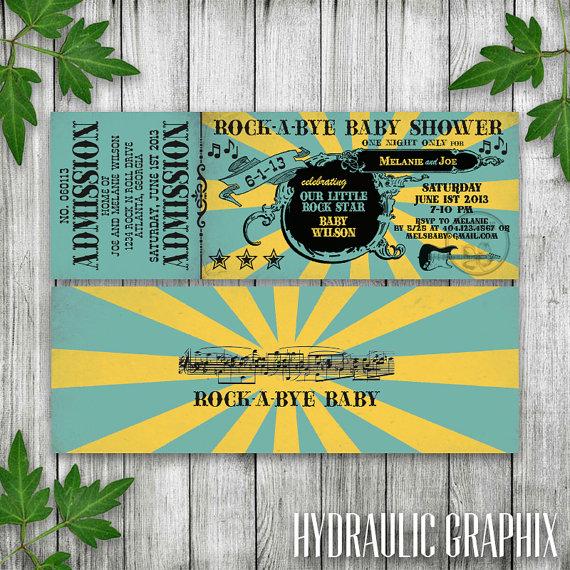 Hochzeit - Rock n Roll Baby shower Ticket Invitation, Printable Ticket Invitation, Rock-a-Bye Baby Shower Invite, Rock N Roll Baby Shower with Guitar