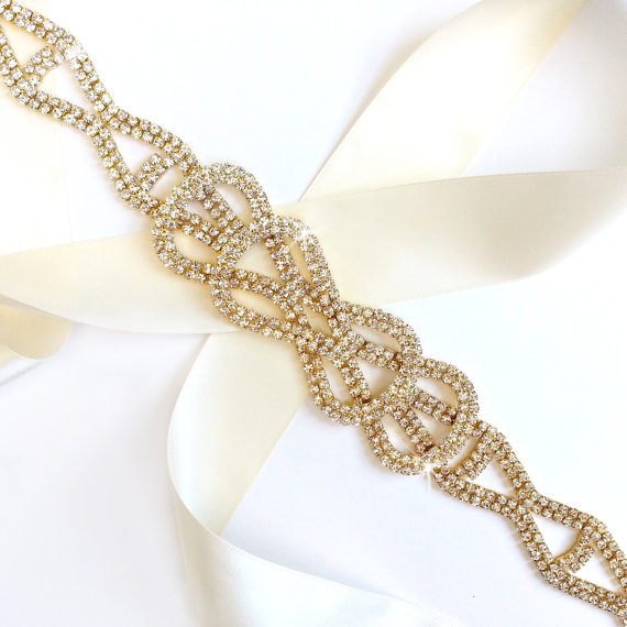 Свадьба - Gold Rhinestone Bow Wedding Dress Sash - Gold Rhinestone Encrusted Bridal Belt Sash - Crystal Extra Wide Wedding Belt