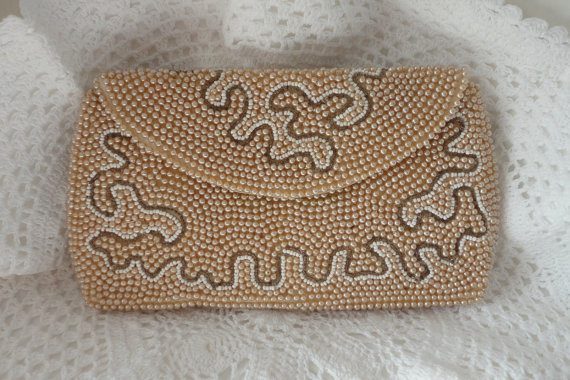 Hochzeit - Vintage Champagne Pearl Beaded Envelope Clutch Purse Oyster Snap Clasp Made in Japan Lined HandBag Evening Ladies Women Wedding Accessory