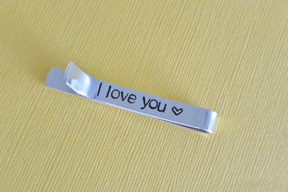 Hochzeit - I Love You Heart Hand Stamped Tie Bar Clip Aluminum Personalized and Customized Gift for Him Wedding Groomsmen Hidden Message